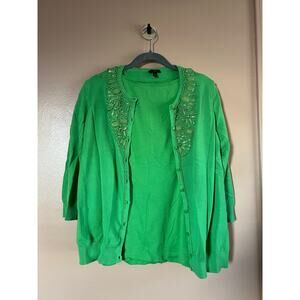 Talbots Woman Green Cardigan Tank Set 2X Plus | Kelly Green Twinset 60% Cotton